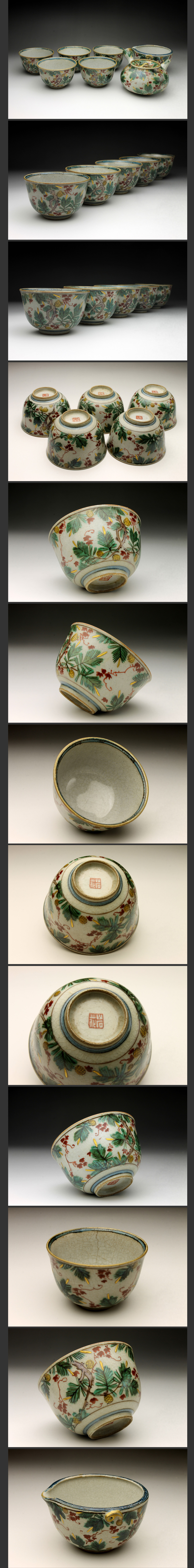 余韻】 骨董品 九谷 金城岩花 九谷焼 色絵金松錦葡萄文 煎茶器揃 （七